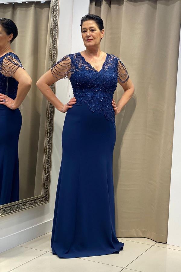 Navy blue v-neck column mother of the bride dress