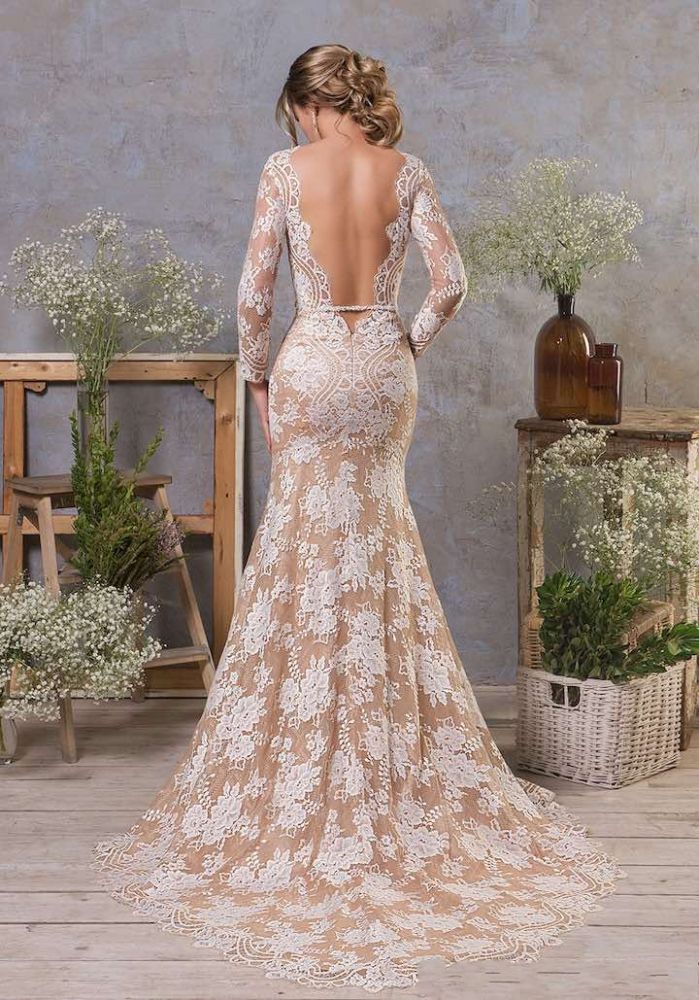 Stunning Floral Lace Pearls Mermaid Bridal Dress with Side Slit Long Sleeves