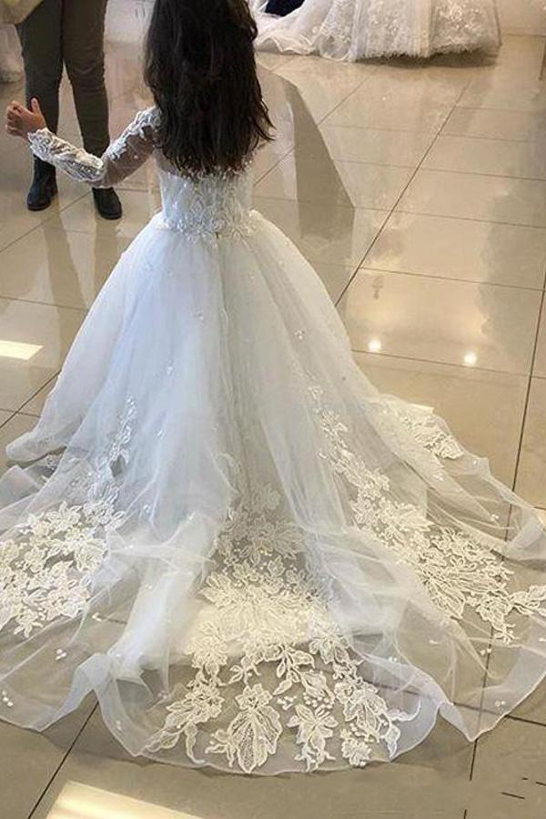 White Tulle Flower Girl Dress Long Sleeves Lace Appliques Little Girl Dress