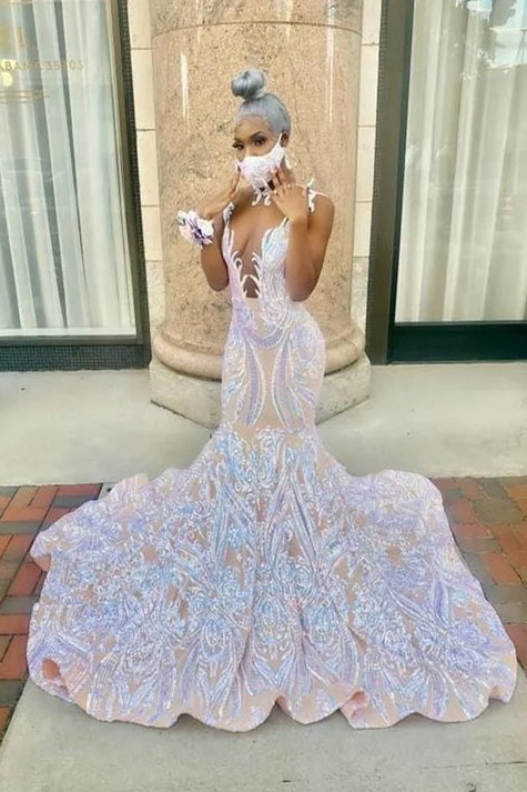 White sequin sparkle mermaid prom dress with court train