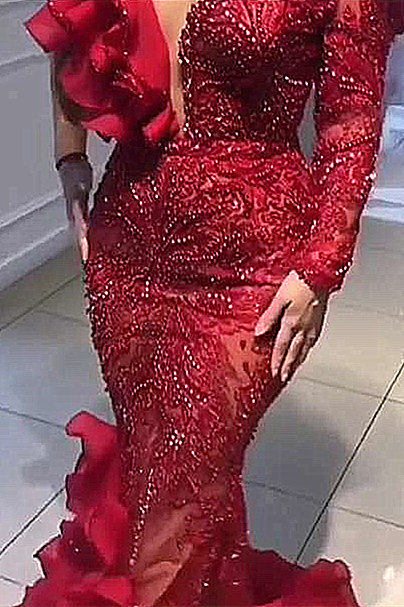 Burgundy One shoulder Mermaid Long sleeves Sexy Mermaid Evening Dress