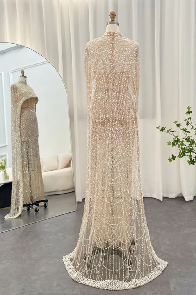 Gorgeous Champagne Cape Sleeves Mermaid Evening Dress Dubai See-through Pearls Party Dress