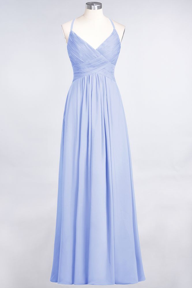 Chiffon A-Line Spaghetti-Straps V-Neck Sleeveless Long Bridesmaid Dress with Ruffles