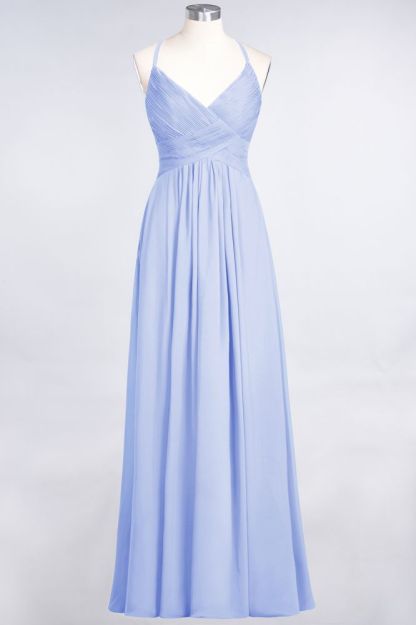 Chiffon A-Line Spaghetti-Straps V-Neck Sleeveless Long Bridesmaid Dress with Ruffles