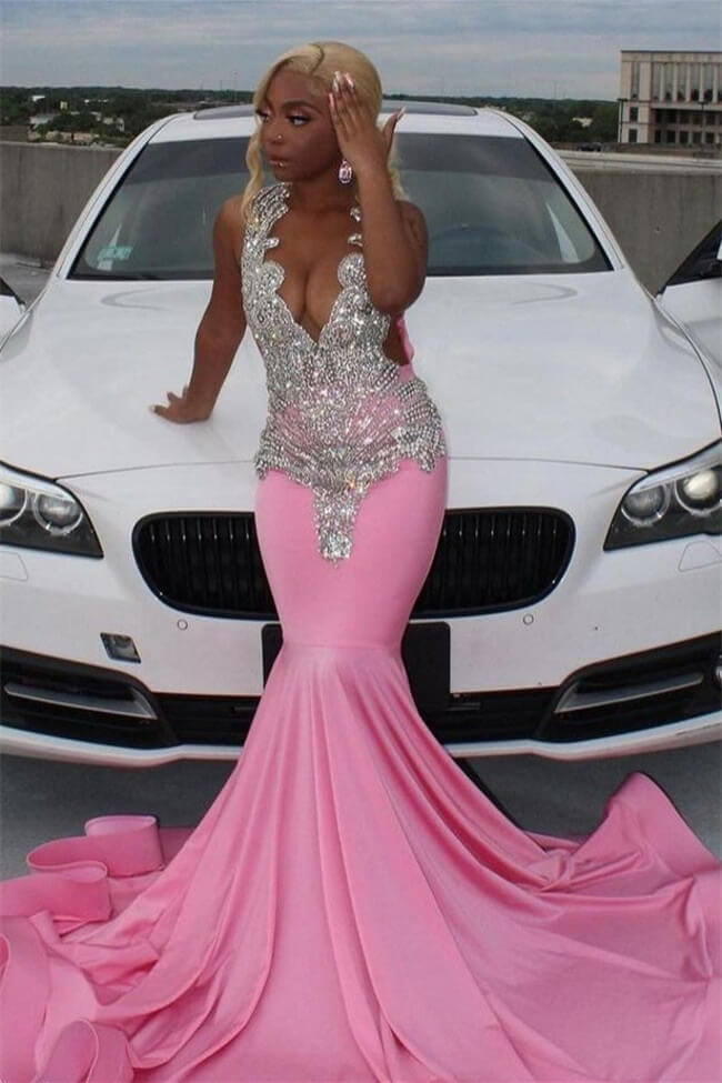 Silver Beaded Pink Mermaid Court Train Prom Dresses