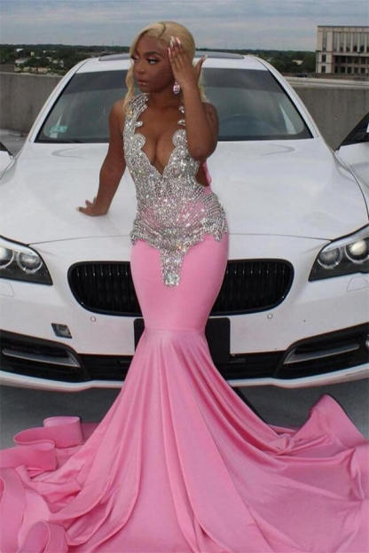 Silver Beaded Pink Mermaid Court Train Prom Dresses