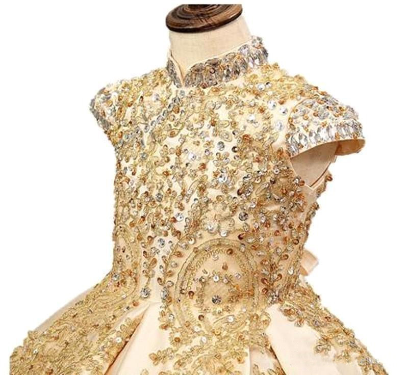 Gold Ball Gown Princess Flower Girl Dresses With Beads Little Girls Pageant Dresses