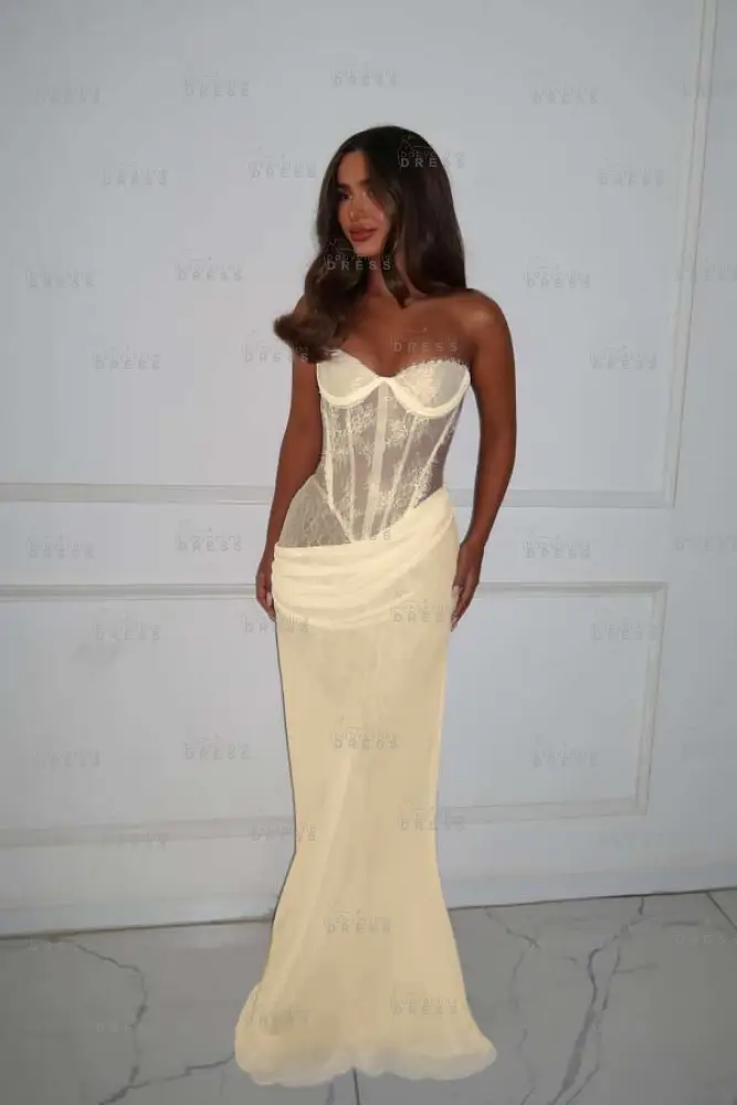 Strapless Sleeveless Long Mermaid Prom Dress With Lace Pleated