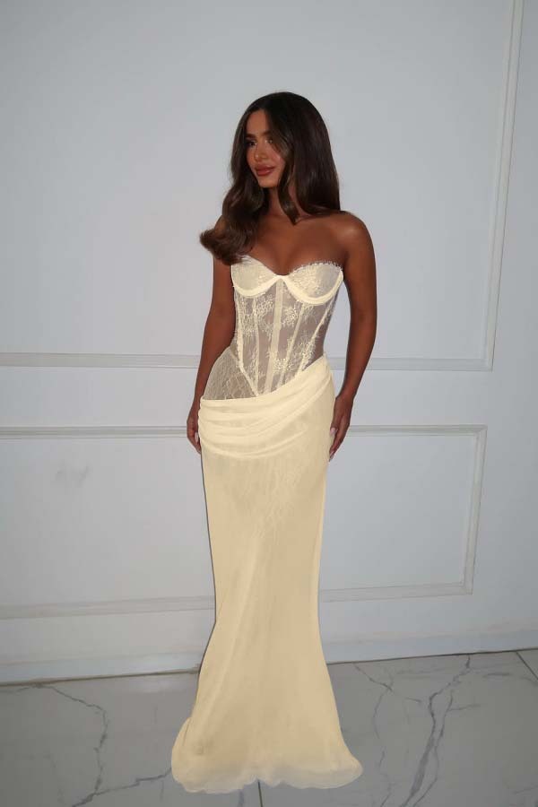 Strapless Sleeveless Long Mermaid Prom Dress With Lace Pleated