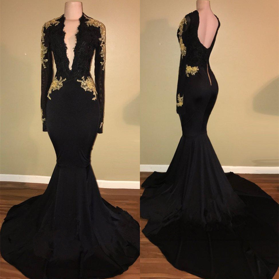 Sexy black prom dress,mermaid long sleeve evening dress BA7942