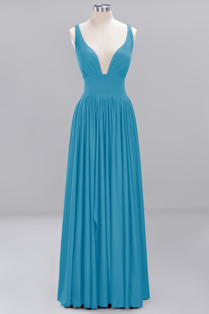 A-Line Jersey V-Neck Sleeveless Long Bridesmaid with Ruffles