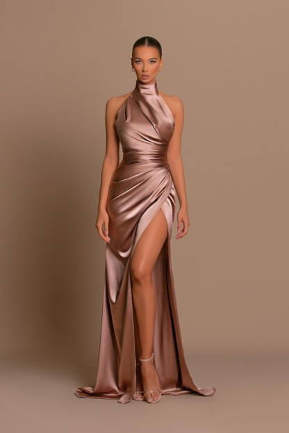 Champagne Halter Floor Length Sleeveless Silk-like Prom Party Dress