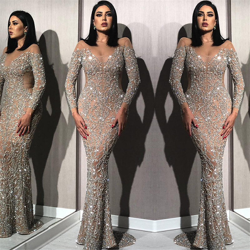 Sparkling Silver Beading Crystals Prom Dresses with Sleeves | Nude Inner Lining Sexy Mermaid Evening Dresses BC1612