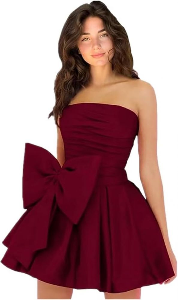 Chic Ruched Satin Short Homecoming Dresses Strapless Knee Length Party Dress with Bow