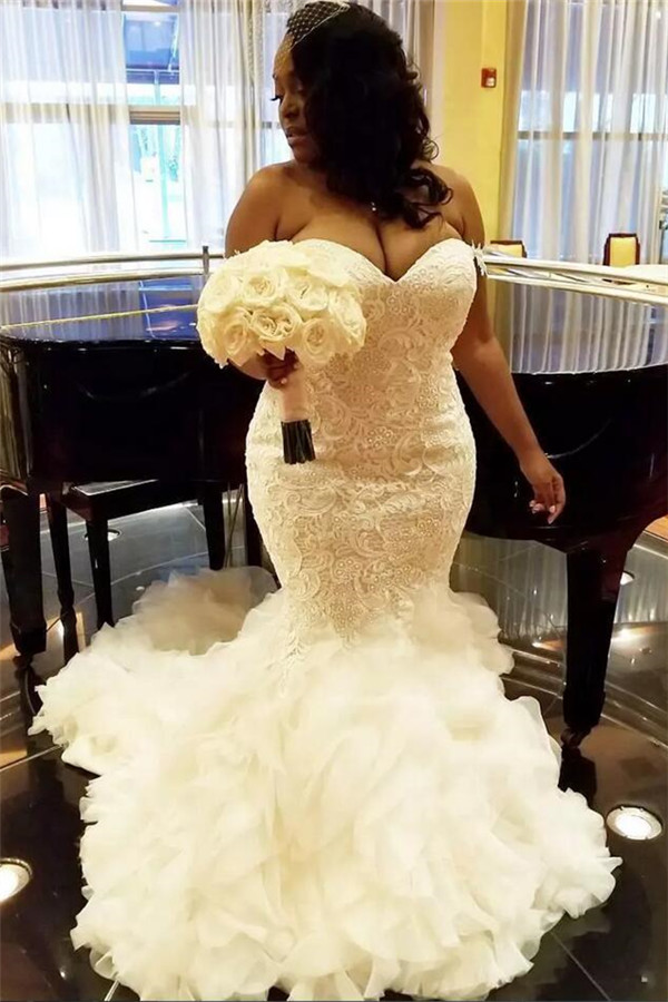 Wholesale Sweetheart Fit and Flare Lace Wedding Dresses | TieScarlet Ruffles Tulle Bridal Dress with Court Train-Babyonlinewholesale