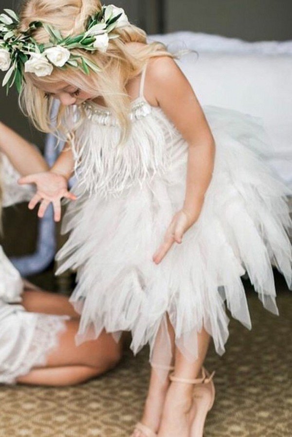 Lovely Spaghetti Straps White Short Flower Girl Dresses | Boho Tea Length Gowns with Feather for Spring Garden Wedding-Babyonlinewholesale