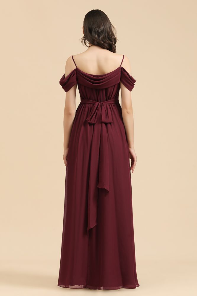 Burgundy Off-the-Shoulder Wedding Party Dress Straps Chiffon Evening Maxi Dress