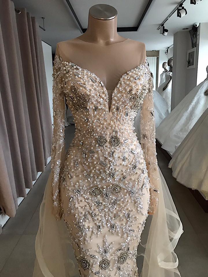 Luxury Long sleeve off-the-shoulder prom dress with fully-covered beads
