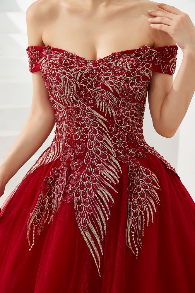Henry | Elegant Off-the-shoulder Princess Red/Mint Prom Dress with Wing Emboirdery