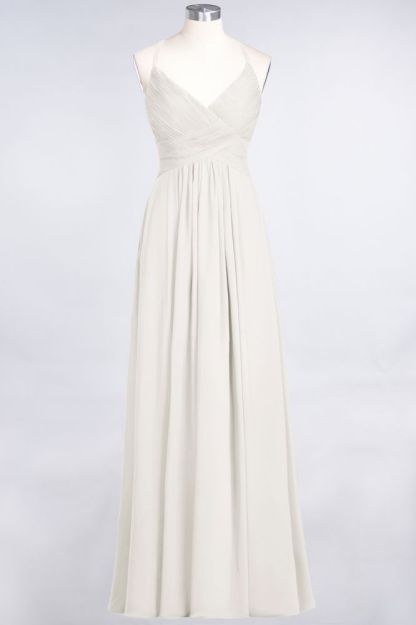 Chiffon A-Line Spaghetti-Straps V-Neck Sleeveless Long Bridesmaid Dress with Ruffles