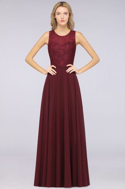 Chiffon A-Line Lace Jewel Sleeveless Hollowout Long Bridesmaid Dress