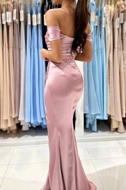 Chic Pink Off the Shoulder Strapless Sweetheart Floor Length Mermaid Stretch Satin Prom Dress with Ruffles-Babyonlinewholesale