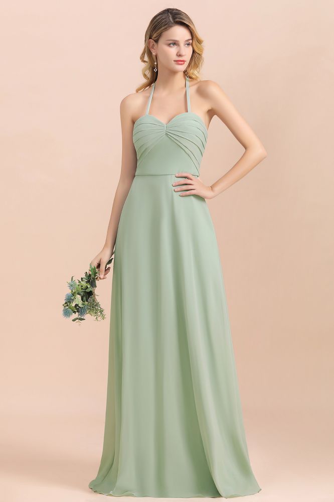 Chic halter Sage Color Aline Bridesmaid Dress Sweetheart Chiffon Long Wedding Guest Dress