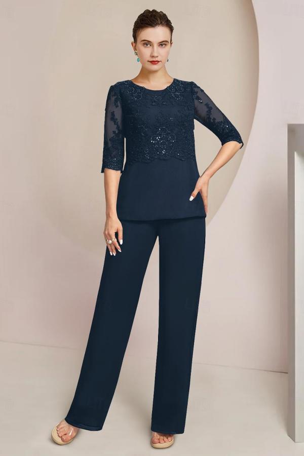 Elegant Cowl Neck Chiffon Sequins Mother Of the Bride Outfits