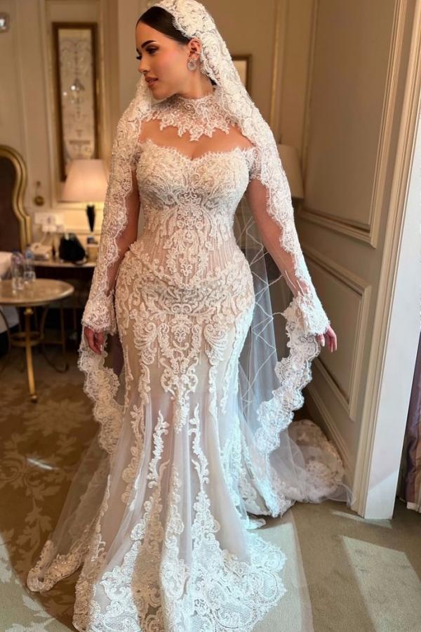 Gorgeous High Neck Sweetheart Mermaid White Lace  Wedding Dress with Appliques