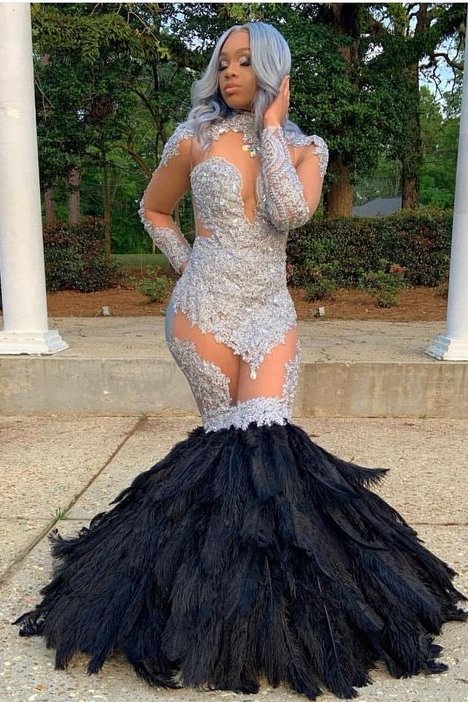 Long Sleeves Lace Appliques Illusion Fur Train Mermaid Silver Prom Dresses