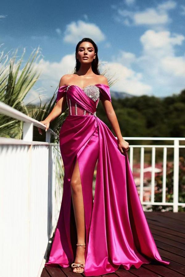 Stunning Off-the-Shoulder Satin Side Split Prom Dress Glitter Crystals Evening Party Dress
