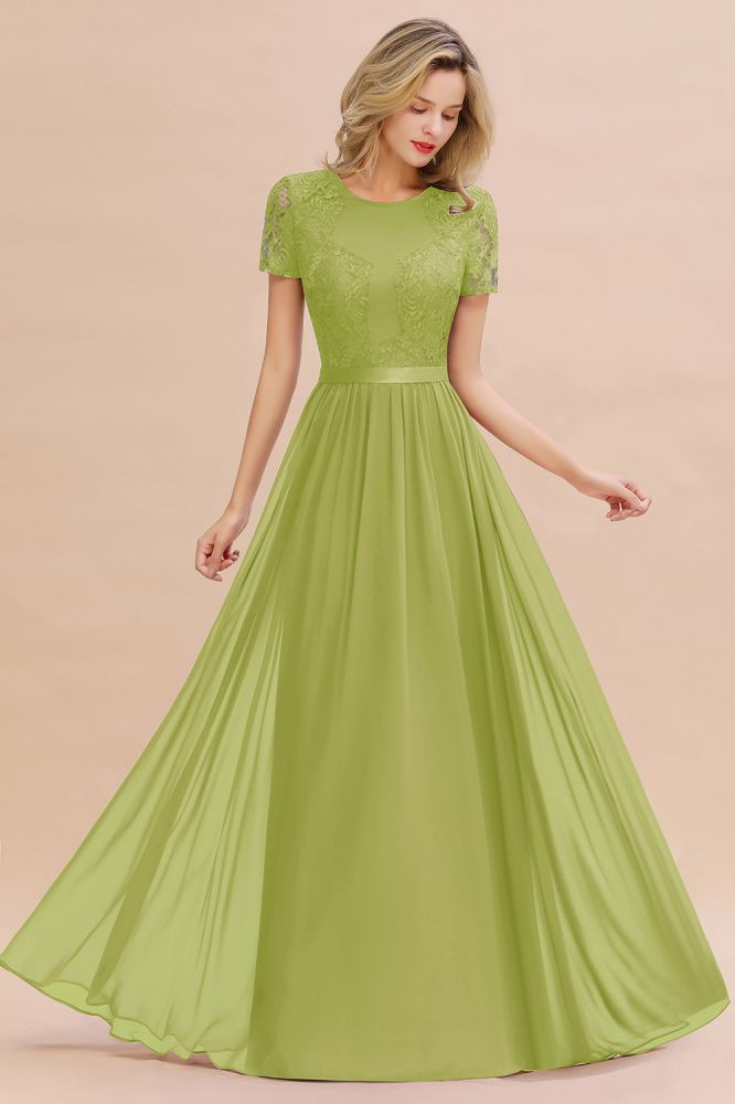 Retro Chiffon Lace Scoop Short-Sleeves Online Bridesmaid Dress