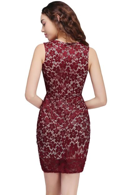 BRILEY | Bodycon Round Neck Short Lace Burgundy Homecoming Dresses