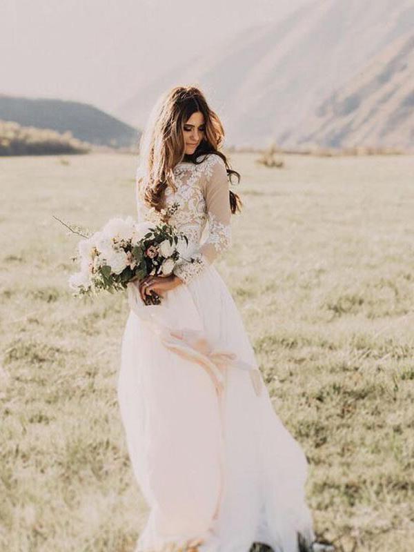 Chic Long Sleeve Tulle A-line Wedding Dresses | Appliques Floor Length Bridal Gowns