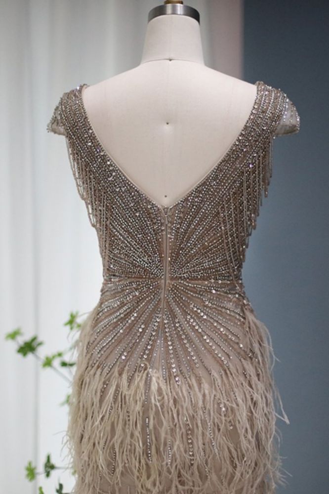 Luxury V-Neck Fur Mermaid Evening Dress for Women Glitter Beadings Cap Sleeves Tassels Long Wedding Party Gowns-Babyonlinewholesale
