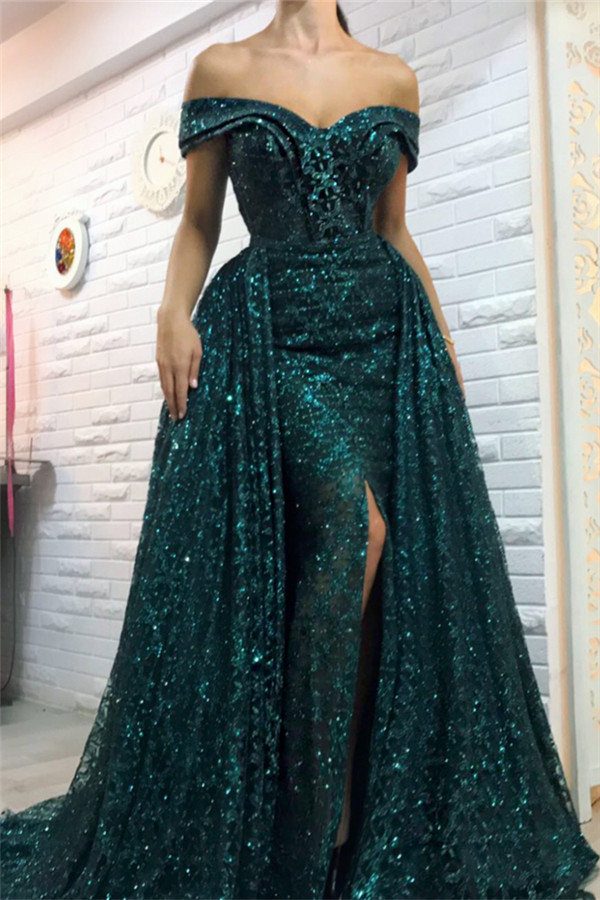 Dark Green Off the Shoulder Sparkle Long Evening Dresses | Sheath Sexy High Split Overskirt Prom Dresses-Babyonlinewholesale