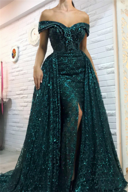 Dark Green Off the Shoulder Sparkle Long Evening Dresses | Sheath Sexy High Split Overskirt Prom Dresses-Babyonlinewholesale