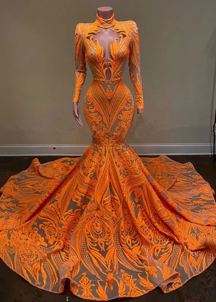 Charming Orange High Neck Long Sleeve Floor-length Mermaid Prom Dresses