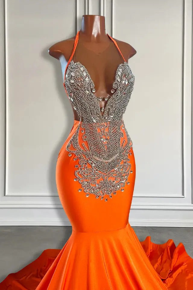 Orange Sweetheart Silver Mermaid Satin Prom Dresses