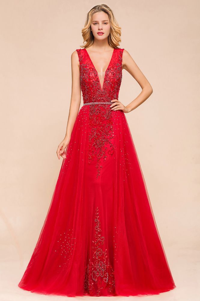 Sexy Open Back Plunging V-neck Sleeveless Ruby Red A-line Prom Dress with Beaded Belt