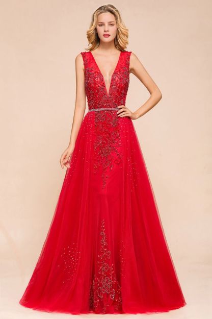 Sexy Open Back Plunging V-neck Sleeveless Ruby Red A-line Prom Dress with Beaded Belt