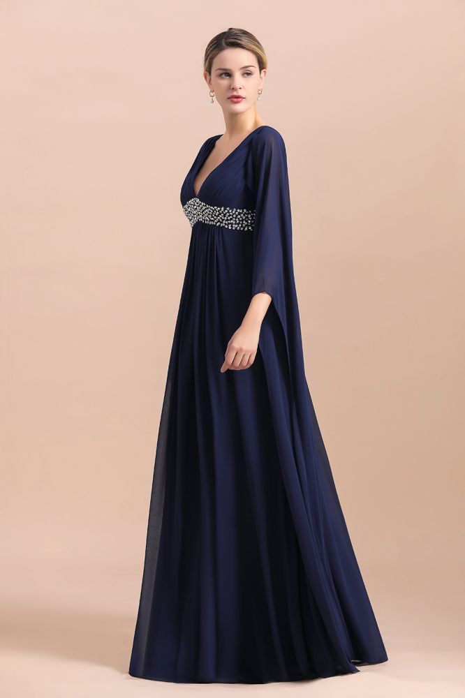 Dark Navy Deep V-neck High waist A-line Beaded Belt Mother Dresses