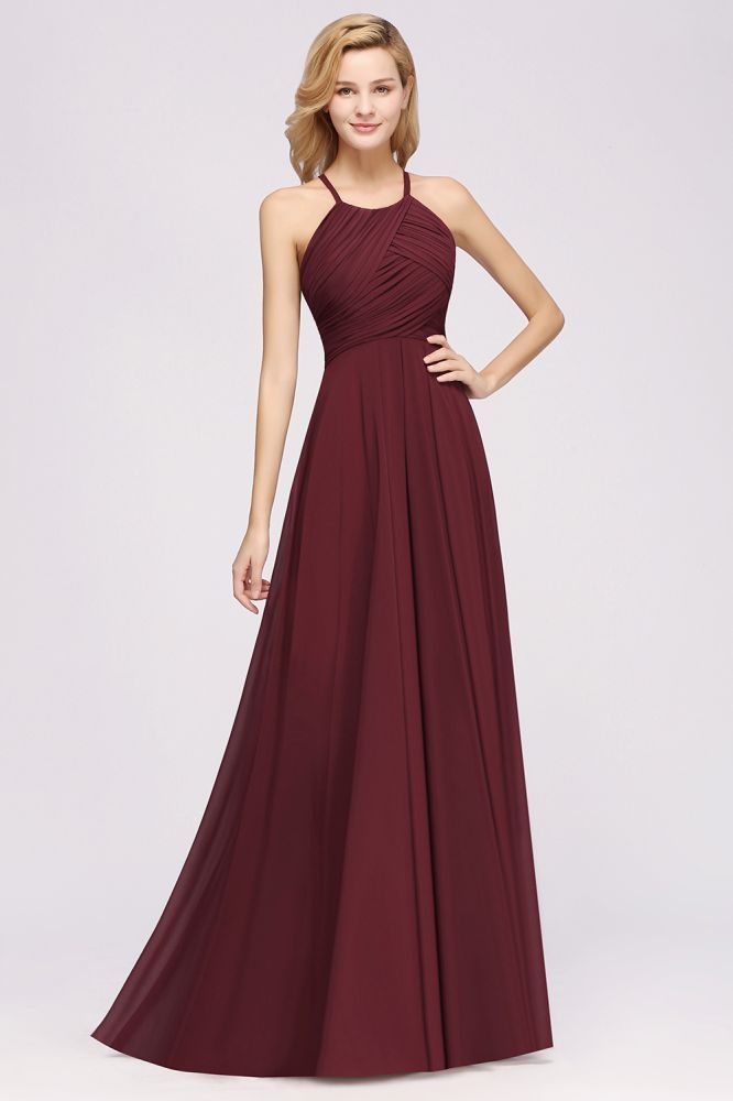 A-Line Chiffon Halter Ruffles Floor-Length Bridesmaid Dress