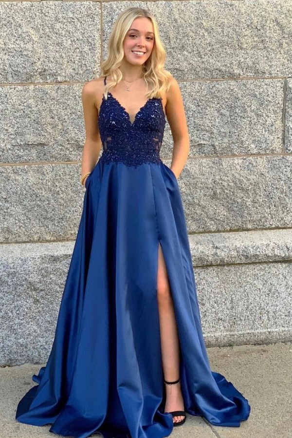 Navy blue A-line lace evening dress with a high split