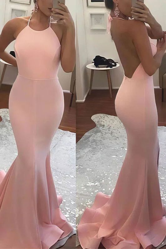 High neck pink sleeveless mermaid elastic satin prom dress