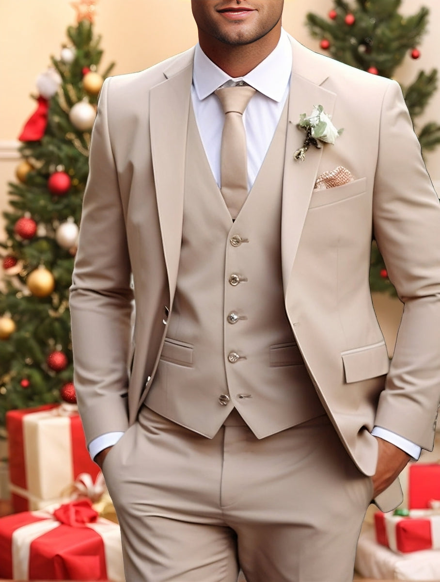 Solid-Colored Three-Piece Wedding Suit For Men Tailored Fit With Single Breast And Two Buttons