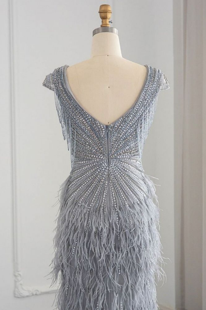 Luxury V-Neck Fur Mermaid Evening Dress for Women Glitter Beadings Cap Sleeves Tassels Long Wedding Party Gowns-Babyonlinewholesale