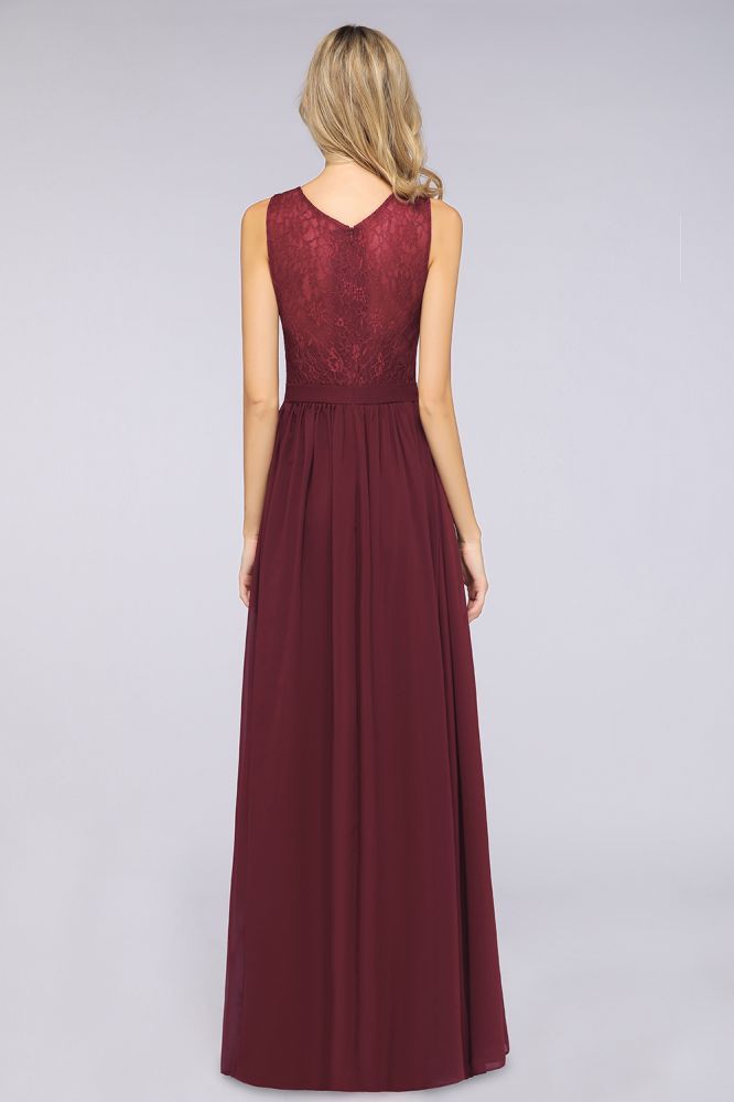 Chiffon A-Line Lace V-Neck Sleeveless Long Bridesmaid Dress with Ruffles