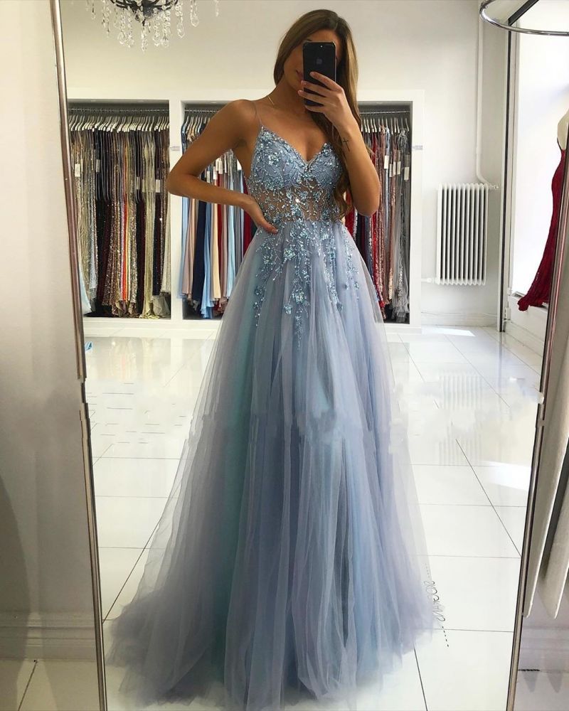 Illusion neck Storm Blue V-neck Tulle See-through Evening Dress