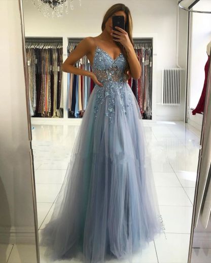 Illusion neck Storm Blue V-neck Tulle See-through Evening Dress